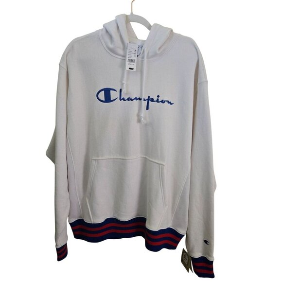 Champion NWT Reverse Weave Yarn Dyed Hoodie Red Blue Band Trim Size L - Picture 2 of 13